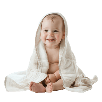 Smiling cute baby sitting wrap in towel after bathing front view isolate on transparency background png