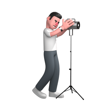 3D Model of Male Photographer. A male photographer is standing in front of a studio light with both hands holding a studio light attached to a tripod. Professional Cameraman png