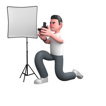 Professional Male Photographer. a male photographer is kneeling, holding a camera in front of a large reflector or softbox. 3D Media png