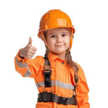 Smiling little girl wearing hard hat construction worker uniform standing with hand gesture giving thumb up side view isolate on transparency background png