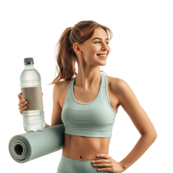 smiling young woman standing while look away holding mat and water bottle, yoga concept side view isolate on transparency background png