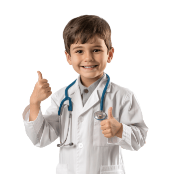 Smiling little boy wearing doctor uniform standing with hand gesture giving thumbs up isolate on transparency background png