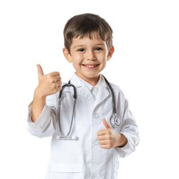 Smiling little boy wearing doctor uniform standing with hand gesture giving thumbs up isolate on transparency background png