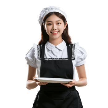 Smiling young attractive female in maid custome with hand holding empty tray front view isolate on transparency background png