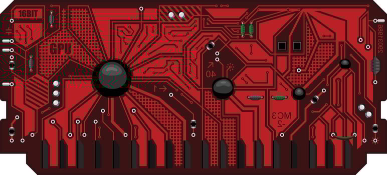 The computing module circuit board. Red graphics card. Printed computer motherboard with microcircuit. Electronic background vector