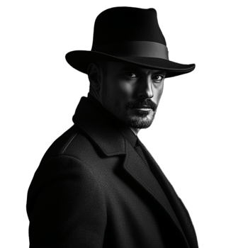 Man in a fedora hat with a mysterious look, silhouette style on a transparent background png