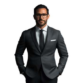 Portrait of a smiling man in a dark grey suit wearing glasses, isolated on a transparent background png