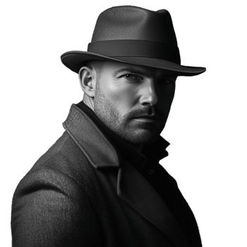 Monochrome image of a man in a fedora with a serious expression, side profile view on white png