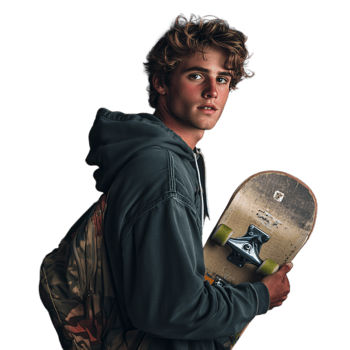 Young skateboarder in casual clothing holding his skateboard confidently, isolated on white png