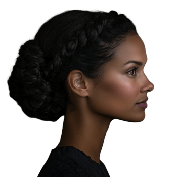 Profile of a young woman with an elegant bun hairstyle, looking contemplative png