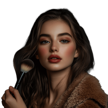 Young woman applying makeup with a brush, displaying a poised expression, isolated on white png