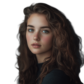 Woman with long curly hair gazing confidently, isolated on a transparent background png