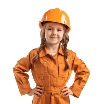 Smiling little girl wearing hard hat engineer uniform standing front view isolate on transparency background png