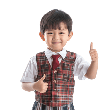 Smiling little boy wearing layer uniform standing with hand gesture giving thumb up isolate on transparency background png