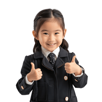 Smiling little girl wearing layer uniform standing with hand gesture giving thumb up isolate on transparency background png