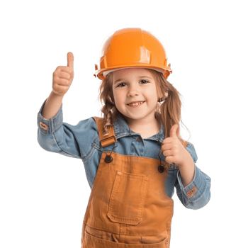 Smiling little girl wearing hard hat construction worker uniform standing with hand gesture giving thumb up isolate on transparency background png