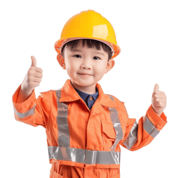 Smiling little boy wearing hard hat engineer uniform standing with hand gesture giving thumb up isolate on transparency background png