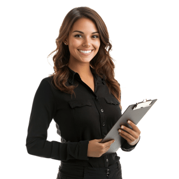 An attractive young businesswoman auditor writing on clipboard smiling and confident isolate on transparency background png