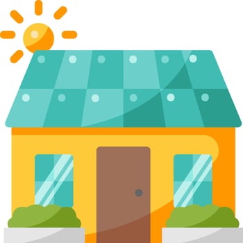 A house with a sun on the roof and a green roof vector