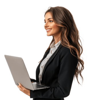 Happy businesswoman holding laptop looking away with smiling and confident side view isolate on transparency background png