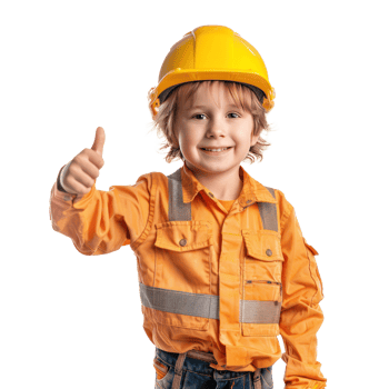 Smiling little boy wearing hard hat construction worker uniform standing with hand gesture giving thumb up front view isolate on transparency background png