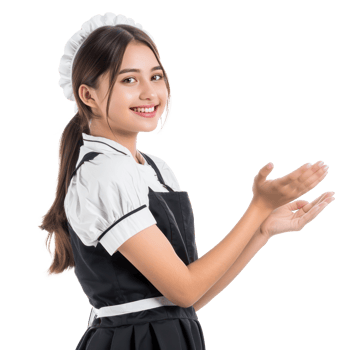 Smiling young attractive female in maid custome hand presenting something side view isolate on transparency background png