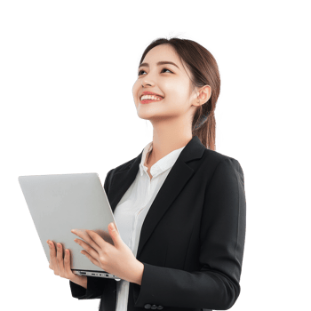 Happy businesswoman holding laptop looking away with smiling and confident isolate on transparency background png