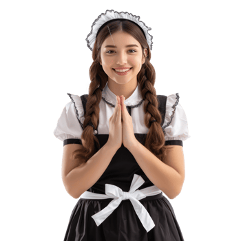 Smiling young attractive female in maid custome greeting with respect palm joint gesture isolate on transparency background png