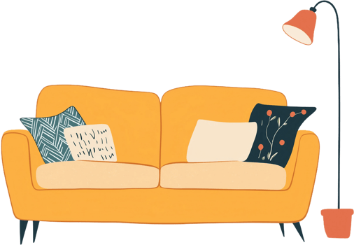 An orange couch with pillows and a lamp png