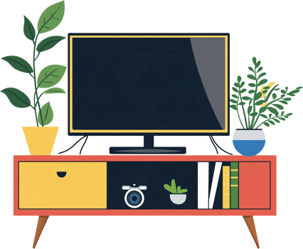 Tv with plants and books on a shelf png