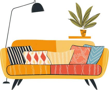 An illustration of a couch with pillows and a lamp png