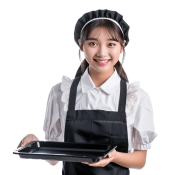 Smiling young attractive female in maid custome with hand holding empty tray front view isolate on transparency background png