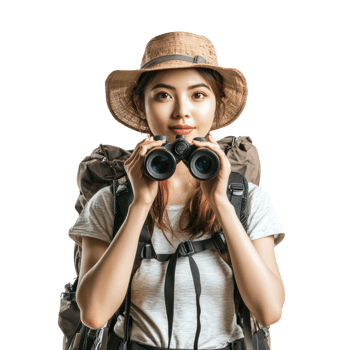 Young hiking woman holding binoculars front view isolate on transparency background png