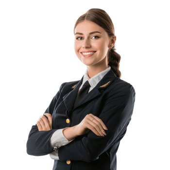 Smiling air hostess woman with hand thump up side view isolate on transparency background png