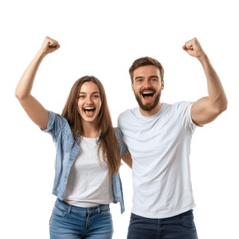 Excited young couple rejoicing success gesture, standing front view isolate on transparency background png