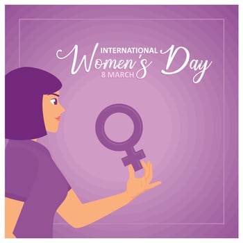 Woman holding female symbol. Celebration of International Women's Day. Women's History Month 2025 concept. Flat illustration. vector