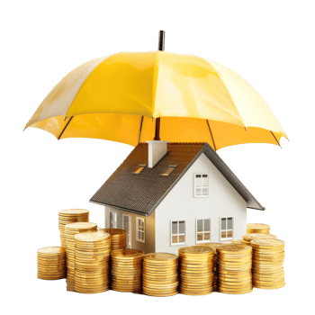 Small house model on stack gold coins under umbrellar, insurance concept isolate on transparency background png