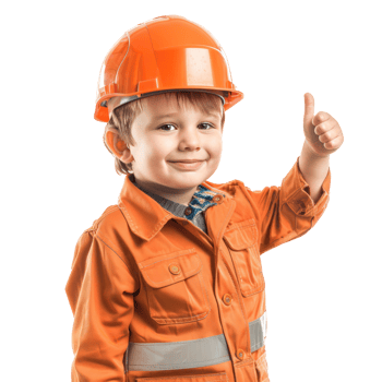 Smiling little boy wearing hard hat construction worker uniform standing with hand gesture giving thumb up side view isolate on transparency background png