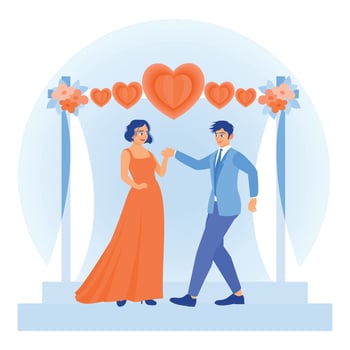 Young couple getting married. Men and women wear suits and dresses decorated with heart shapes. Family lifestyle activity concept. Flat illustration. vector