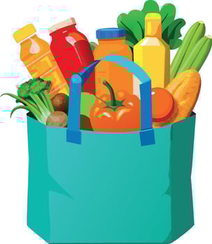 Turquoise reusable shopping bag filled with groceries on white background vector