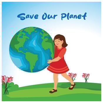 Little girl hugging planet Earth. World Environment Day background. Earth Day concept. Flat illustration. vector