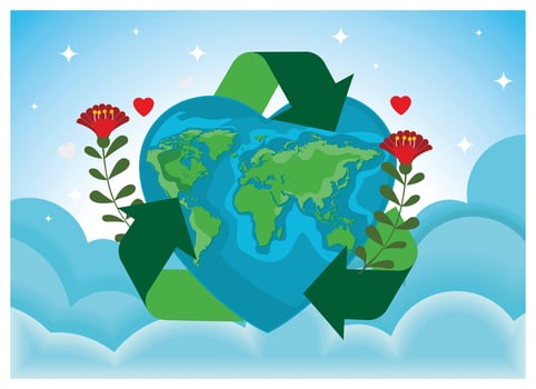 Heart-shaped earth map with ecology symbols. Eco-friendly Earth Day. Earth Day concept. Flat illustration. vector