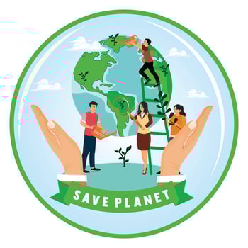 A group of people save the earth. Protecting the earth and renewable energy. Earth Day concept. Flat illustration. vector