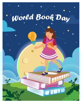 Little girl with a stack of books. Girl reading a book outdoors. World Book Day concept. Flat illustration. vector