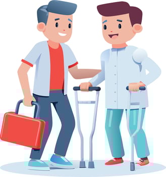 Smiling doctor helping patient walking using crutches vector