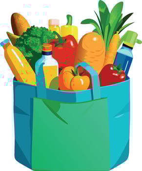 Green reusable shopping bag filled with groceries vector
