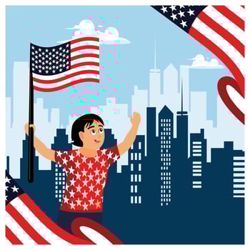 Boy waving American flag. Silhouettes of urban buildings on a blue sky background. Memorial Day concept. Flat illustration. vector