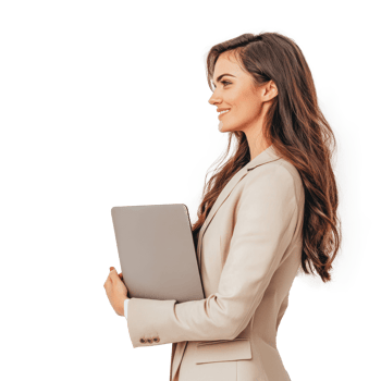 Happy businesswoman holding laptop looking away with smiling and confident side view isolate on transparency background png