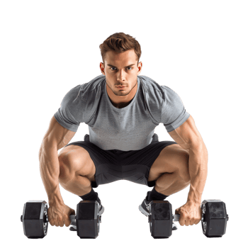 Man crouching with dumbbells in workout pose isolate on transparency background png