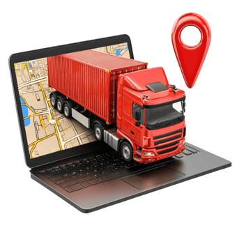 3D laptop with Cargo Container truck, logistic concept and red pin side view isolate on transparency background png
